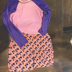 EGG SPF rash guard (S-6/7) & Andy & Evan swim trunks (6) w palm print.